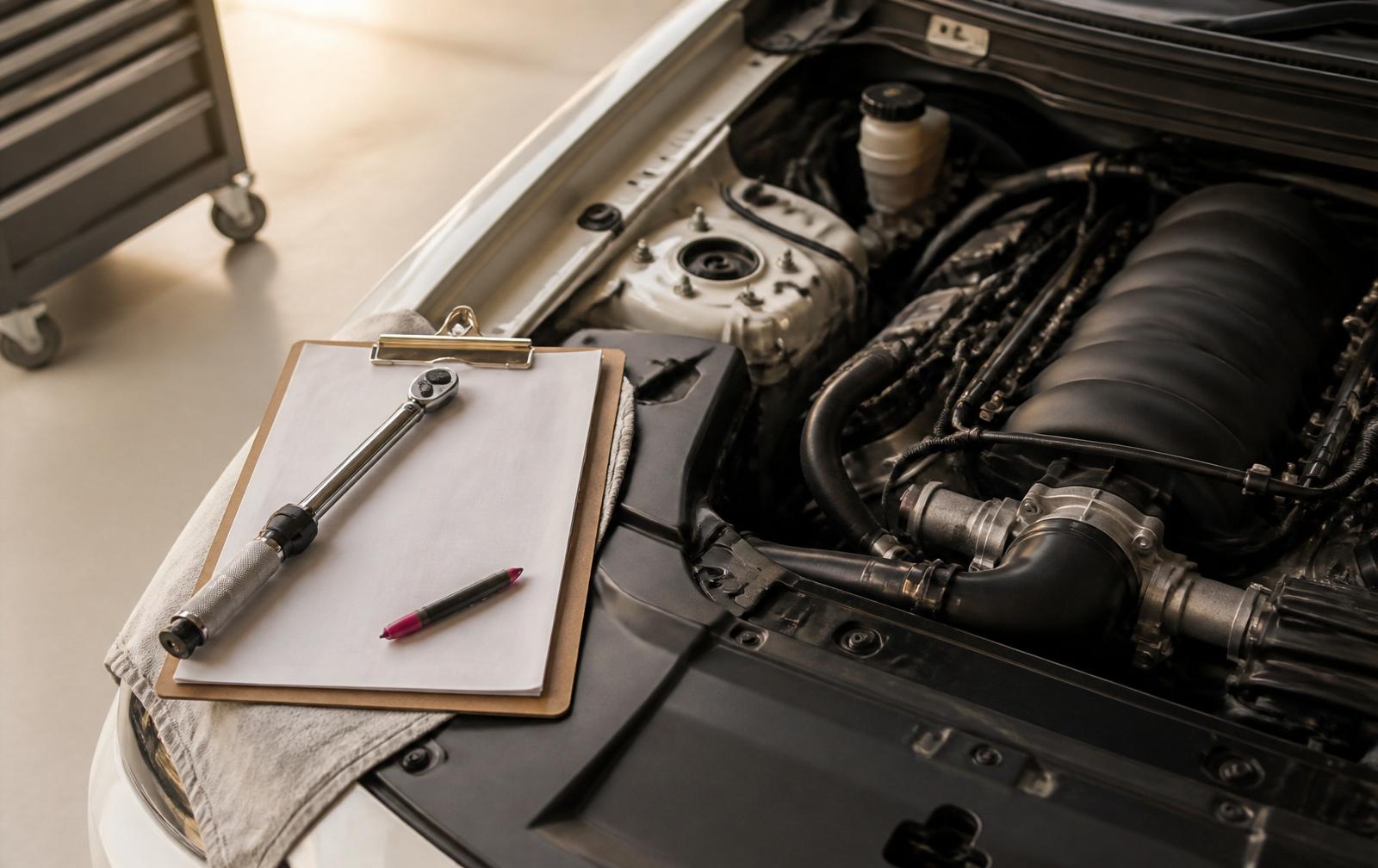 Torque wrench and inspection clipboard resting on a vehicle bonnet